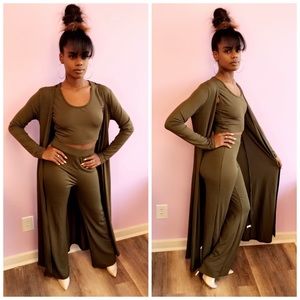 3 pc Army Green Crop Top Ribbed Set